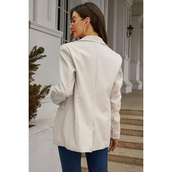 🆕 Women White Faux Leather Blazer Jackets Spring Fashion Vegan Button Down Coat - Picture 2 of 6